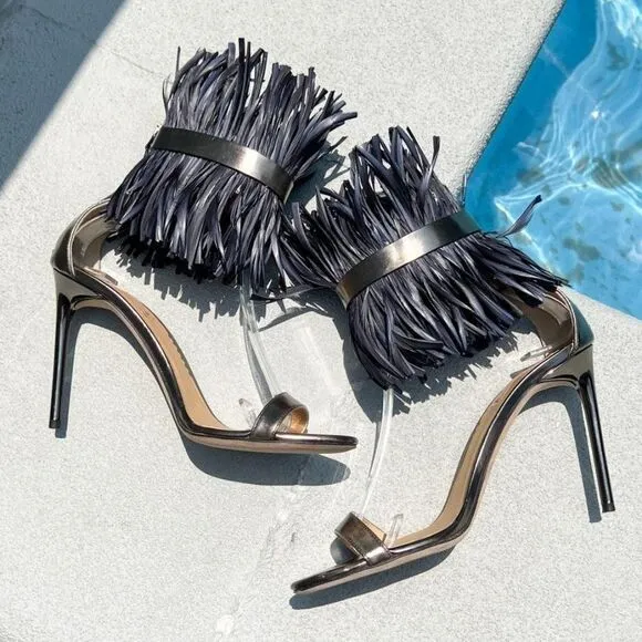 REED KRAKOFF Black Feather Embellished Leather Sandals Size IT36.5