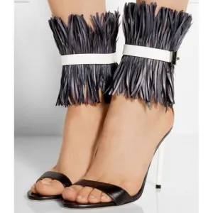 REED KRAKOFF Black Feather Embellished Leather Sandals Size IT36.5