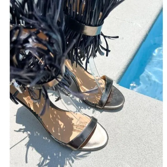 REED KRAKOFF Black Feather Embellished Leather Sandals Size IT36.5