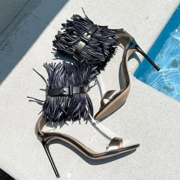 REED KRAKOFF Black Feather Embellished Leather Sandals Size IT36.5