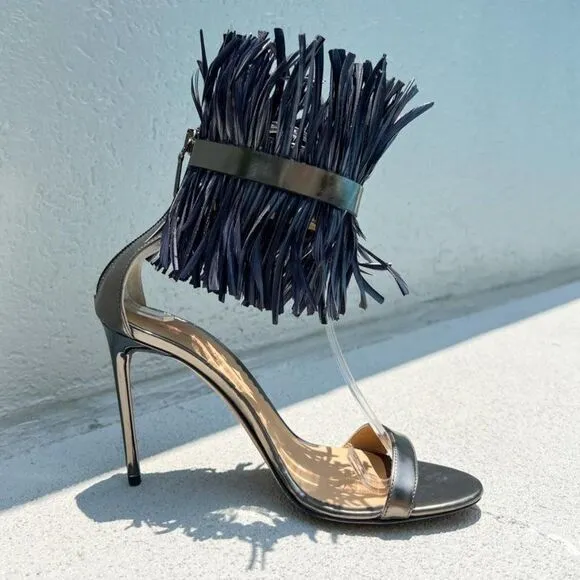 REED KRAKOFF Black Feather Embellished Leather Sandals Size IT36.5