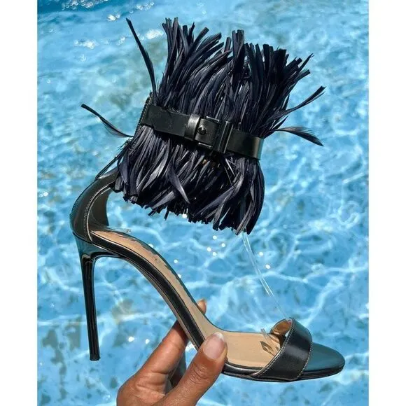 REED KRAKOFF Black Feather Embellished Leather Sandals Size IT36.5