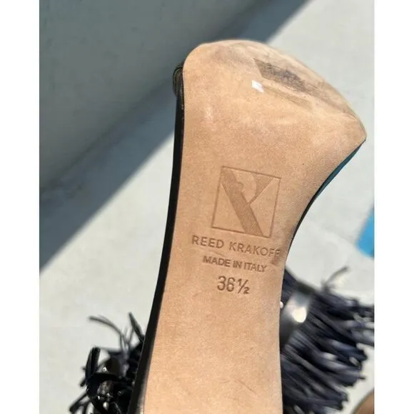 REED KRAKOFF Black Feather Embellished Leather Sandals Size IT36.5