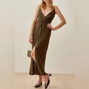 Reformation Hari Gold Dress Women's size Medium Glitter Stretch Sparkle Party