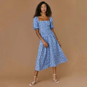Reformation Rachelle Ruched Floral Stretch Cotton Midi Dress in Blue Size 12