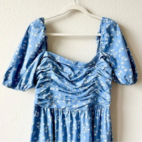 Reformation Rachelle Ruched Floral Stretch Cotton Midi Dress in Blue Size 12