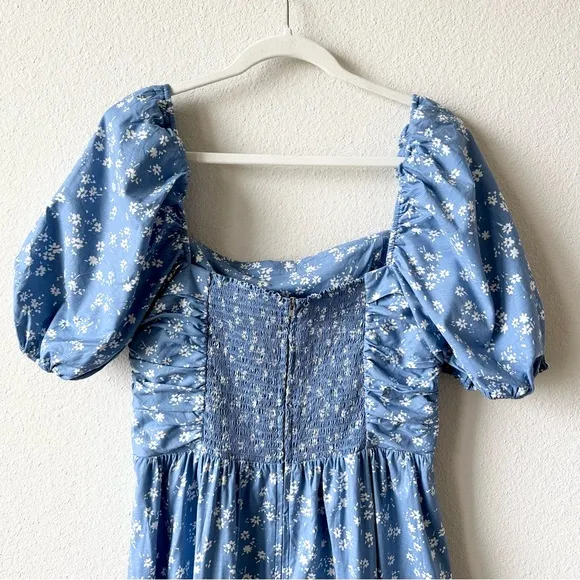 Reformation Rachelle Ruched Floral Stretch Cotton Midi Dress in Blue Size 12