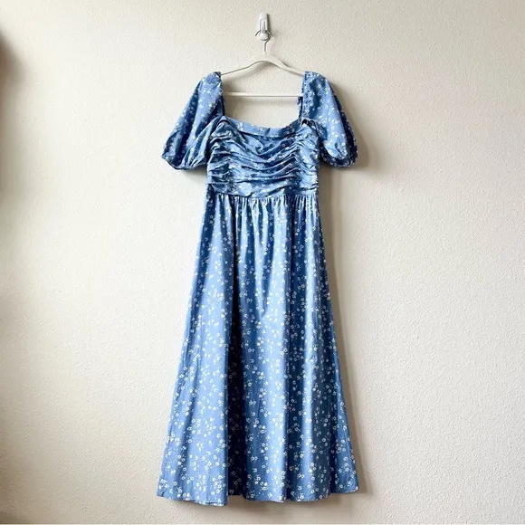 Reformation Rachelle Ruched Floral Stretch Cotton Midi Dress in Blue Size 12