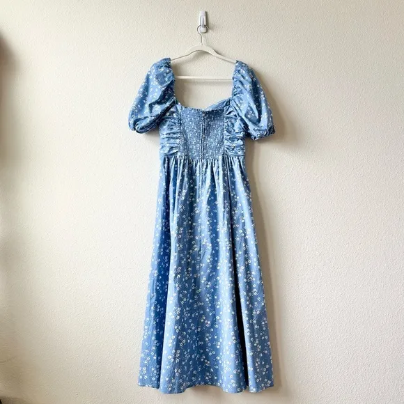 Reformation Rachelle Ruched Floral Stretch Cotton Midi Dress in Blue Size 12
