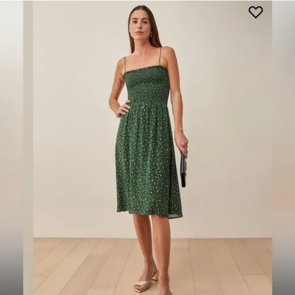 Reformation Sable Green Floral Puckered Dress, Sz M