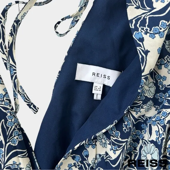 Reiss Blue Daisy Floral Print Puff Sleeve Mini Dress