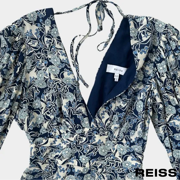 Reiss Blue Daisy Floral Print Puff Sleeve Mini Dress