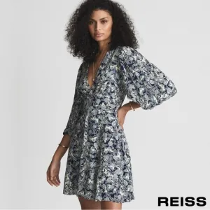 Reiss Blue Daisy Floral Print Puff Sleeve Mini Dress