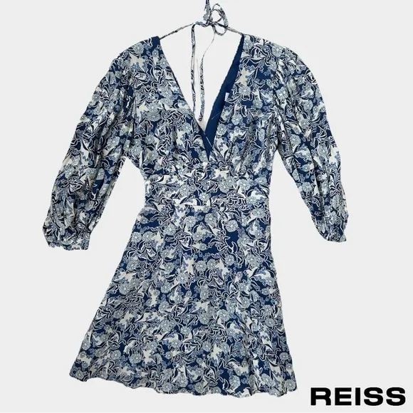Reiss Blue Daisy Floral Print Puff Sleeve Mini Dress