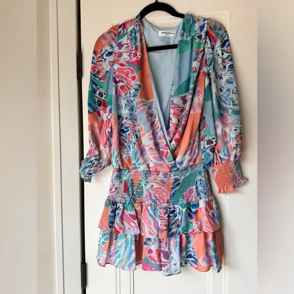 Revolve $228 Amanda Uprichard Arber Smocked Waist Puff Sleeve Mini Dress Small