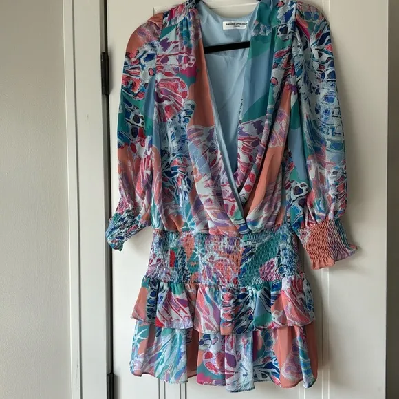 Revolve $228 Amanda Uprichard Arber Smocked Waist Puff Sleeve Mini Dress Small
