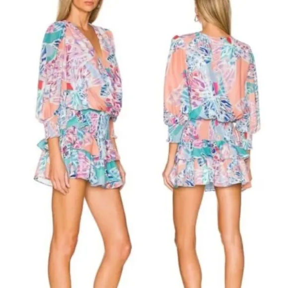 Revolve $228 Amanda Uprichard Arber Smocked Waist Puff Sleeve Mini Dress Small