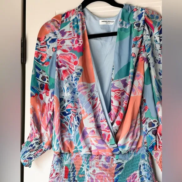 Revolve $228 Amanda Uprichard Arber Smocked Waist Puff Sleeve Mini Dress Small