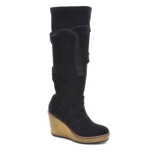 Robert Clergerie Avane Black Suede Wedge Knee Boot 39.5