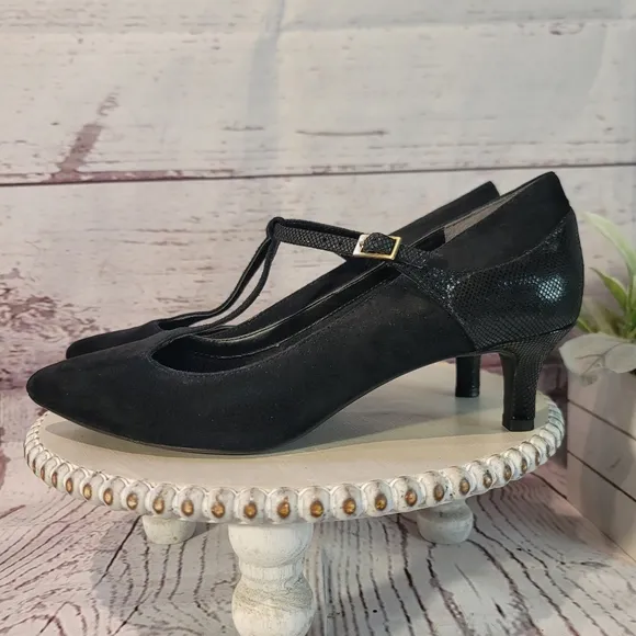 Rockport Total Motion Women's Black Suede T-Strap Kitten Heel Shoes Size 9.5M