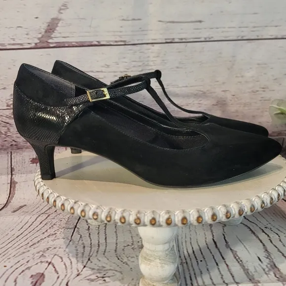 Rockport Total Motion Women's Black Suede T-Strap Kitten Heel Shoes Size 9.5M