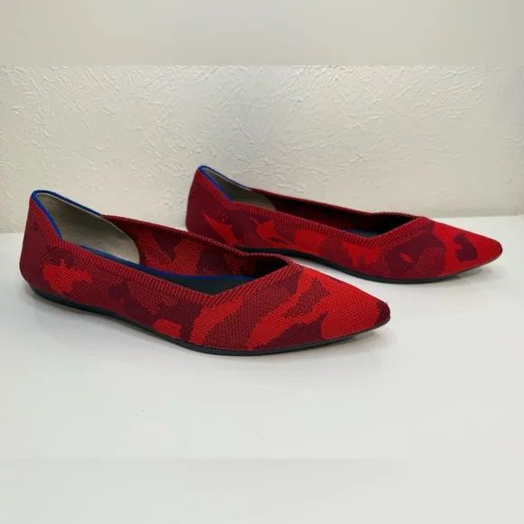 ROTHY’S Red Camo Knit Point Toe Slip On Ballet Flat Shoes Size 9.5