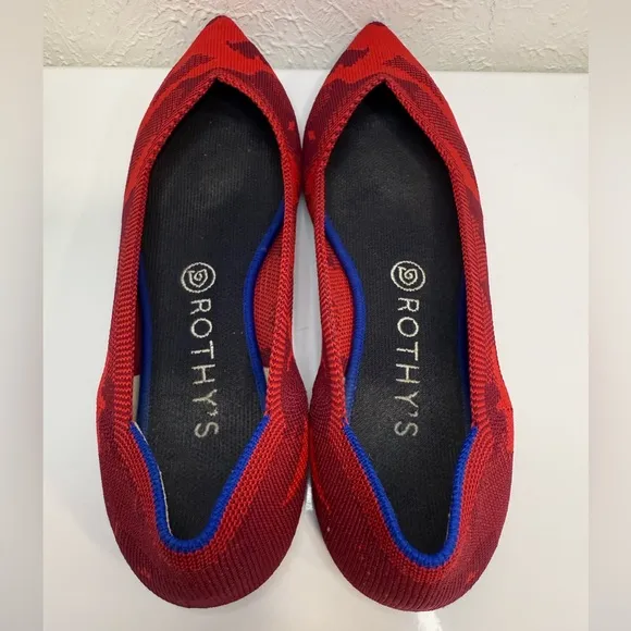 ROTHY’S Red Camo Knit Point Toe Slip On Ballet Flat Shoes Size 9.5