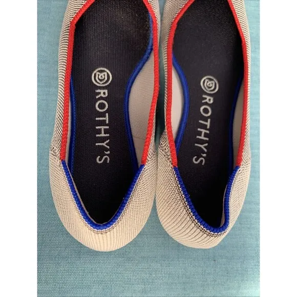 Rothy’s RETIRED Gray Red &amp; Blue piping The Point Toe Ballet Flat 7.5