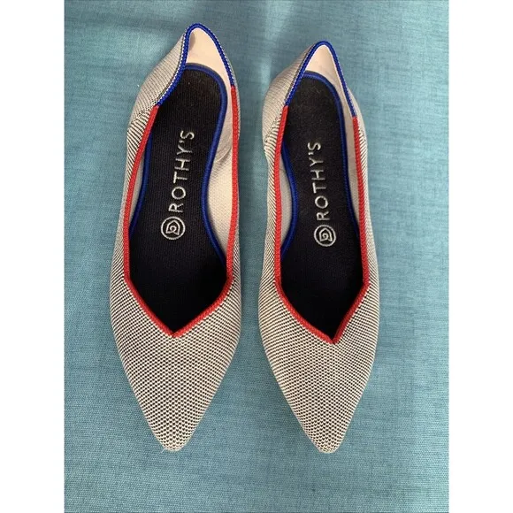 Rothy’s RETIRED Gray Red &amp; Blue piping The Point Toe Ballet Flat 7.5