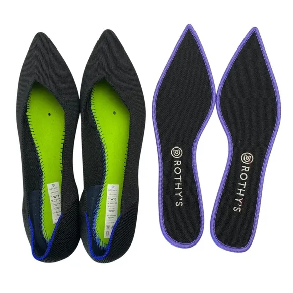 ROTHY'S The Point Flats Slip-On Ballet Shoes in Black with Blue Halo Size 13
