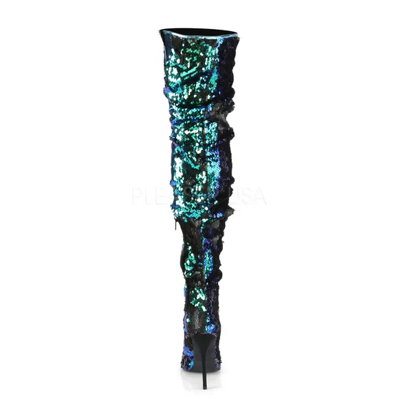 Ruched Sequins Knee High Heel Boots