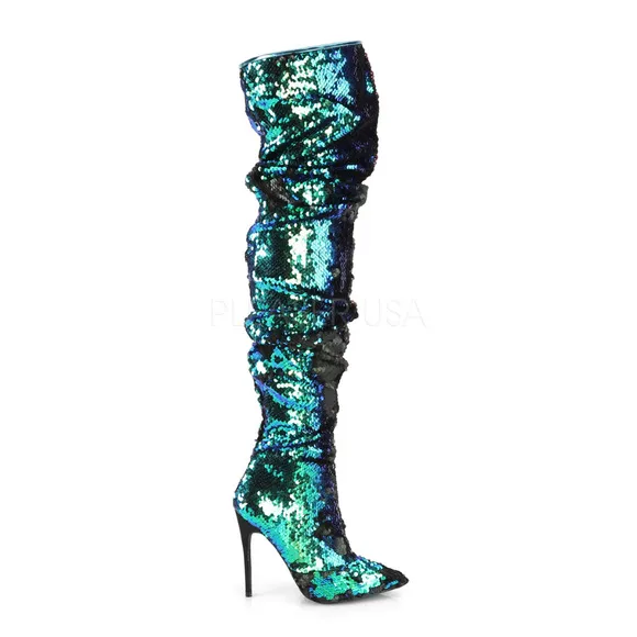 Ruched Sequins Knee High Heel Boots