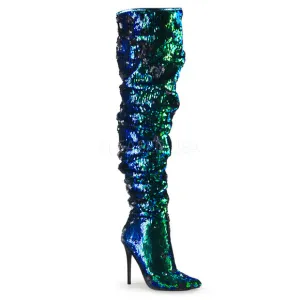 Ruched Sequins Knee High Heel Boots