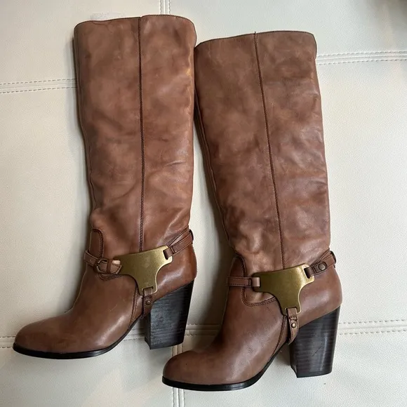 Saks Fifth Avenue 6.5 Sammie Brown Leather Brass Harness Womens Knee High Boots