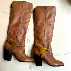 Saks Fifth Avenue 6.5 Sammie Brown Leather Brass Harness Womens Knee High Boots