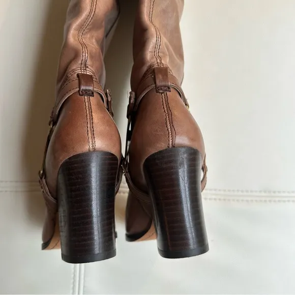 Saks Fifth Avenue 6.5 Sammie Brown Leather Brass Harness Womens Knee High Boots