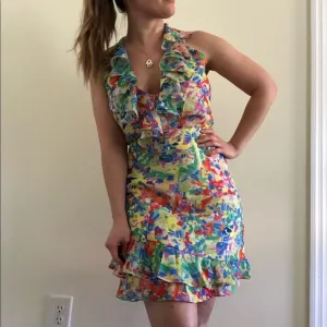 Saloni Silk Ruffle Mini Dress Sz 10 Girlcore Resort Watercolor Summer Confetti