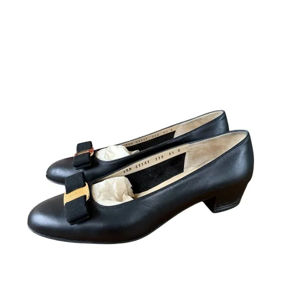 SALVATORE FERRAGAMO Lillaz Leather Ballet Pump 8 1/2 Bow Shoes Black