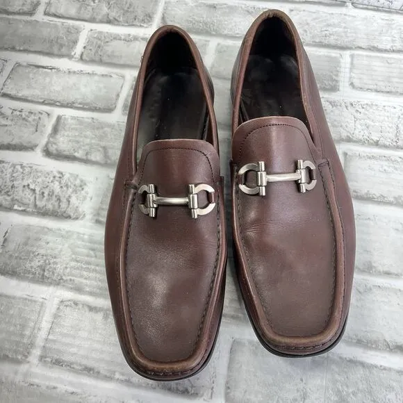 Salvatore Ferragamo Men' 10 Brown Leather Silver Horse Bit Loafer Dress Shoes