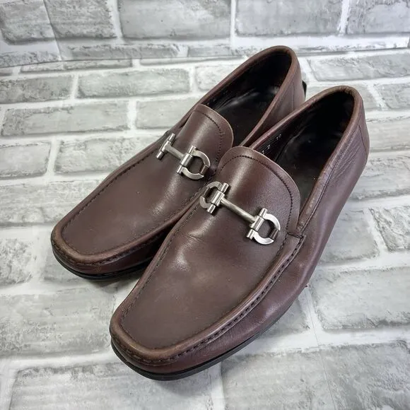 Salvatore Ferragamo Men' 10 Brown Leather Silver Horse Bit Loafer Dress Shoes