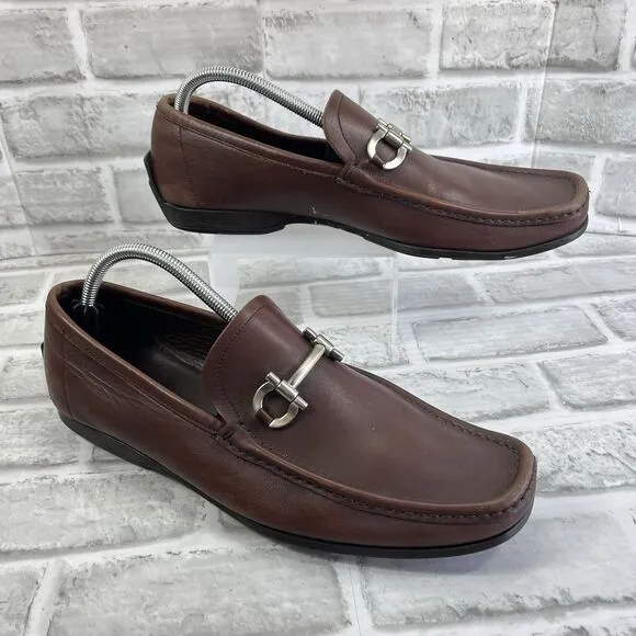 Salvatore Ferragamo Men' 10 Brown Leather Silver Horse Bit Loafer Dress Shoes