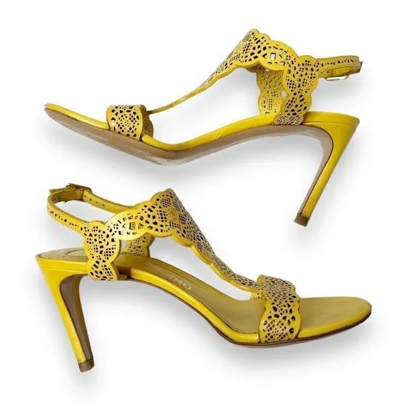 Salvatore Ferragamo Yellow Laser Cut Open Toe Heeled Sandals - Women’s Size 6 B