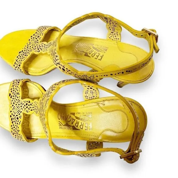 Salvatore Ferragamo Yellow Laser Cut Open Toe Heeled Sandals - Women’s Size 6 B