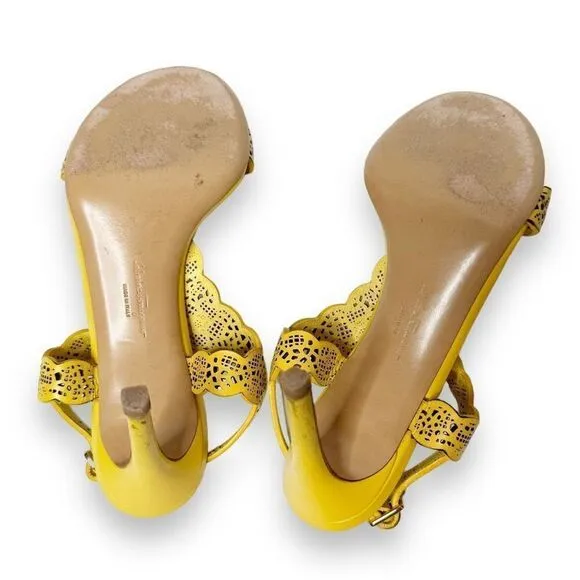 Salvatore Ferragamo Yellow Laser Cut Open Toe Heeled Sandals - Women’s Size 6 B
