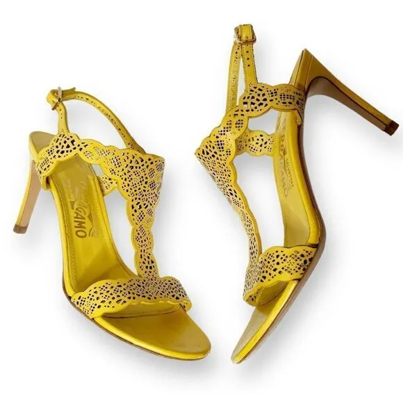 Salvatore Ferragamo Yellow Laser Cut Open Toe Heeled Sandals - Women’s Size 6 B