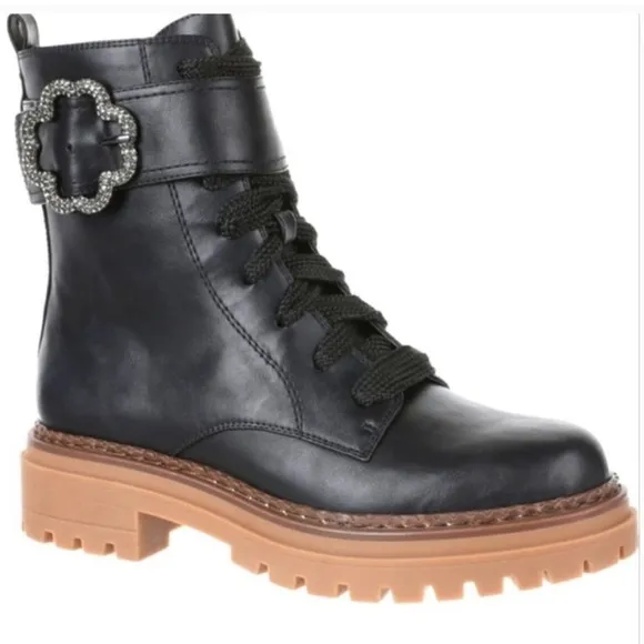 Sam and Libby Size 9 Chunky Black Lace-up Moto Ankle Boots, Zipper Sides, NWOT