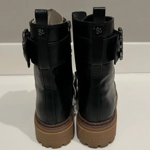 Sam and Libby Size 9 Chunky Black Lace-up Moto Ankle Boots, Zipper Sides, NWOT