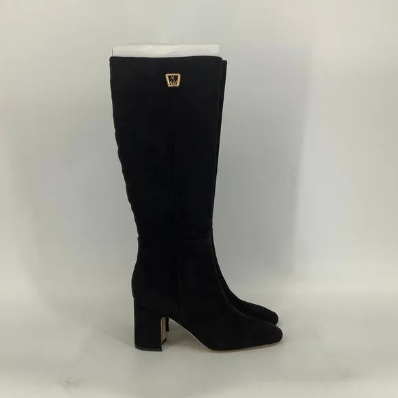 Sam Edelman Size 11M Black Suede Leather Faren Knee High Boots Block Heels L1-4