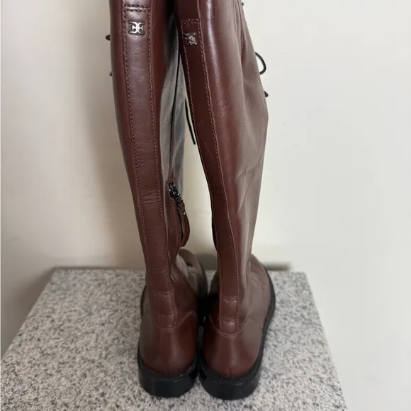 SAM EDELMAN Womens Tall Brown Logo Nance Round Toe Block Heel Leather Boots 5