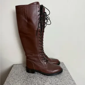SAM EDELMAN Womens Tall Brown Logo Nance Round Toe Block Heel Leather Boots 5
